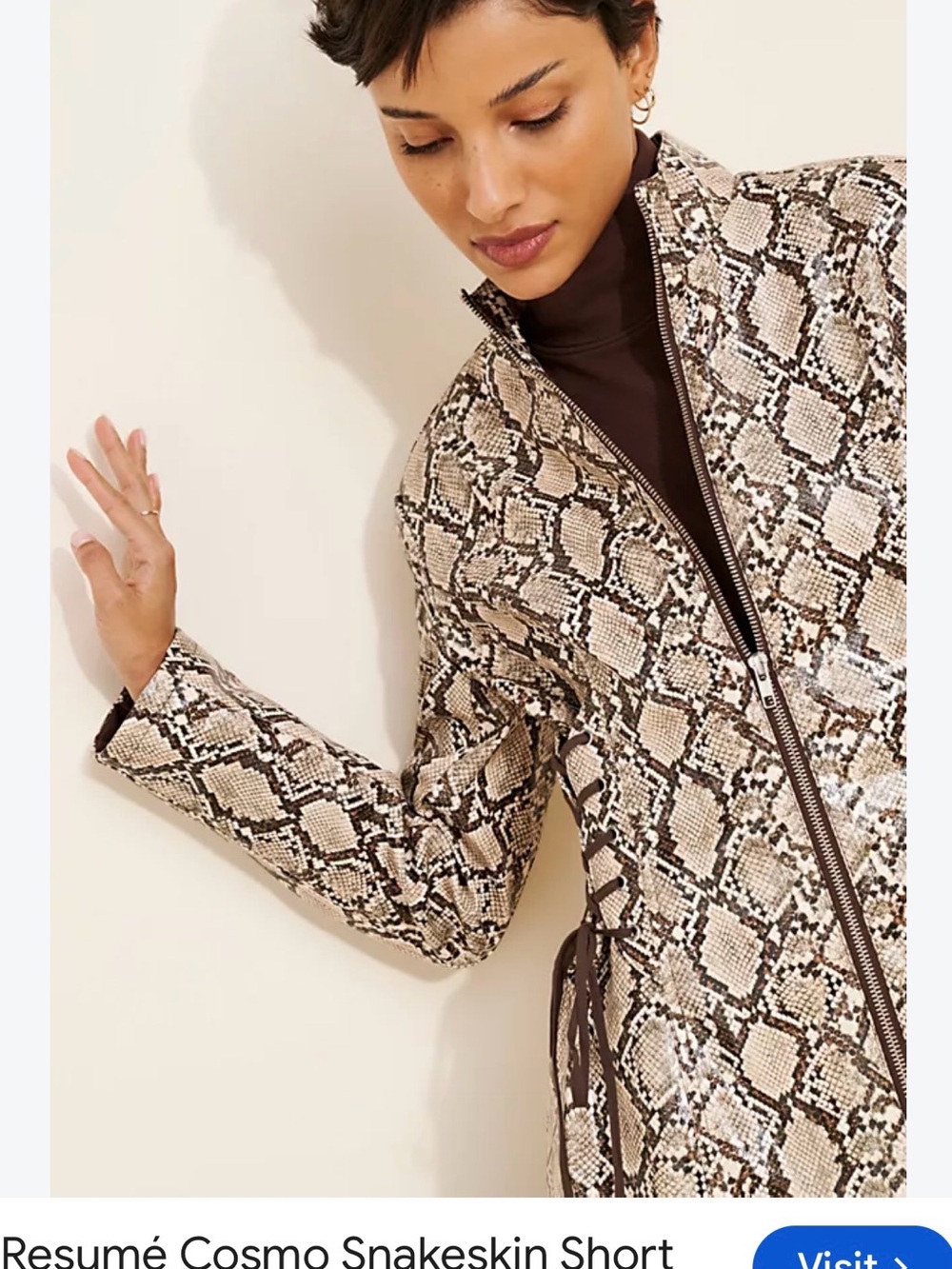 Neutral Snake-Print Leather Jacket in Beige